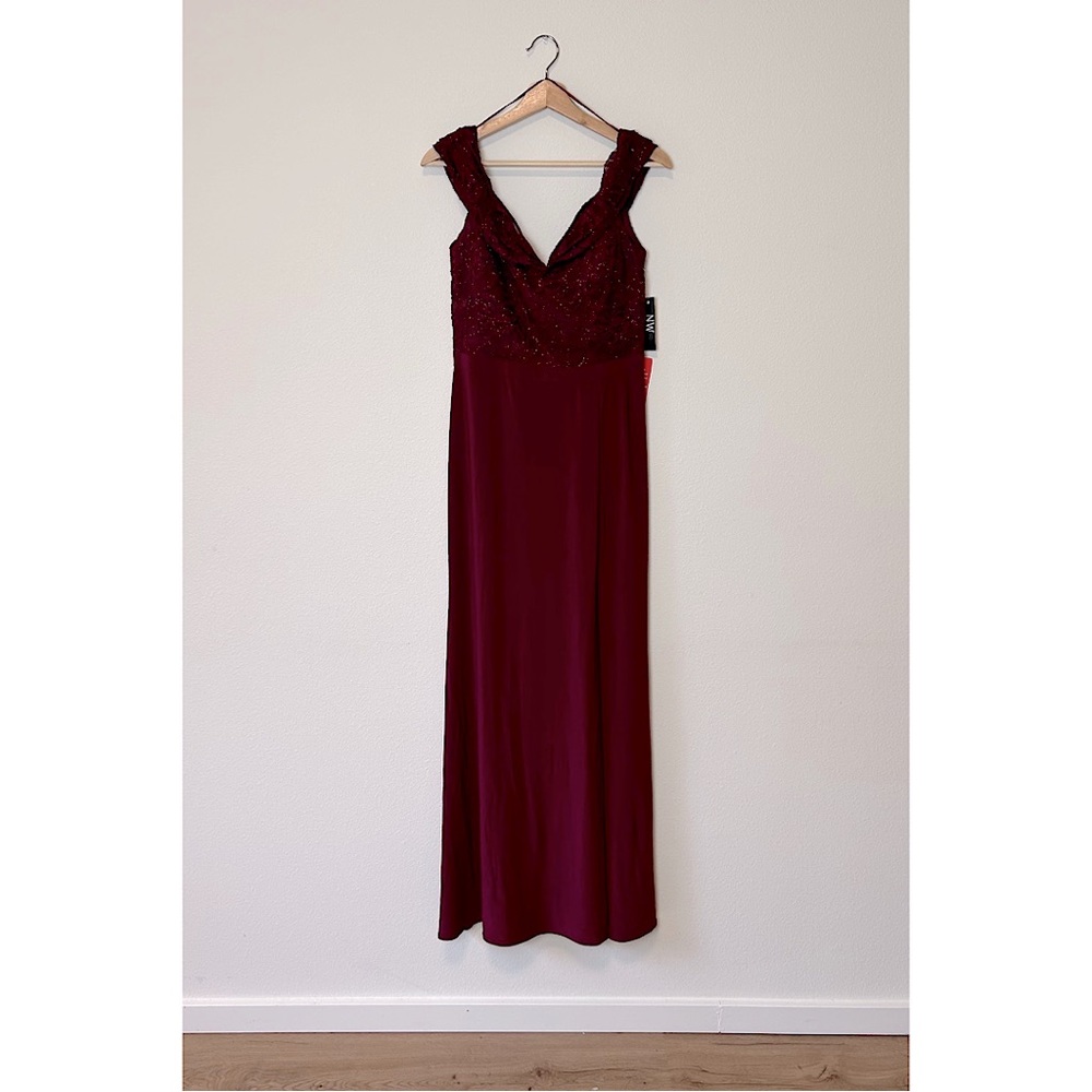 Nightway Off the Shoulder Maxi Gown in Merlot 10